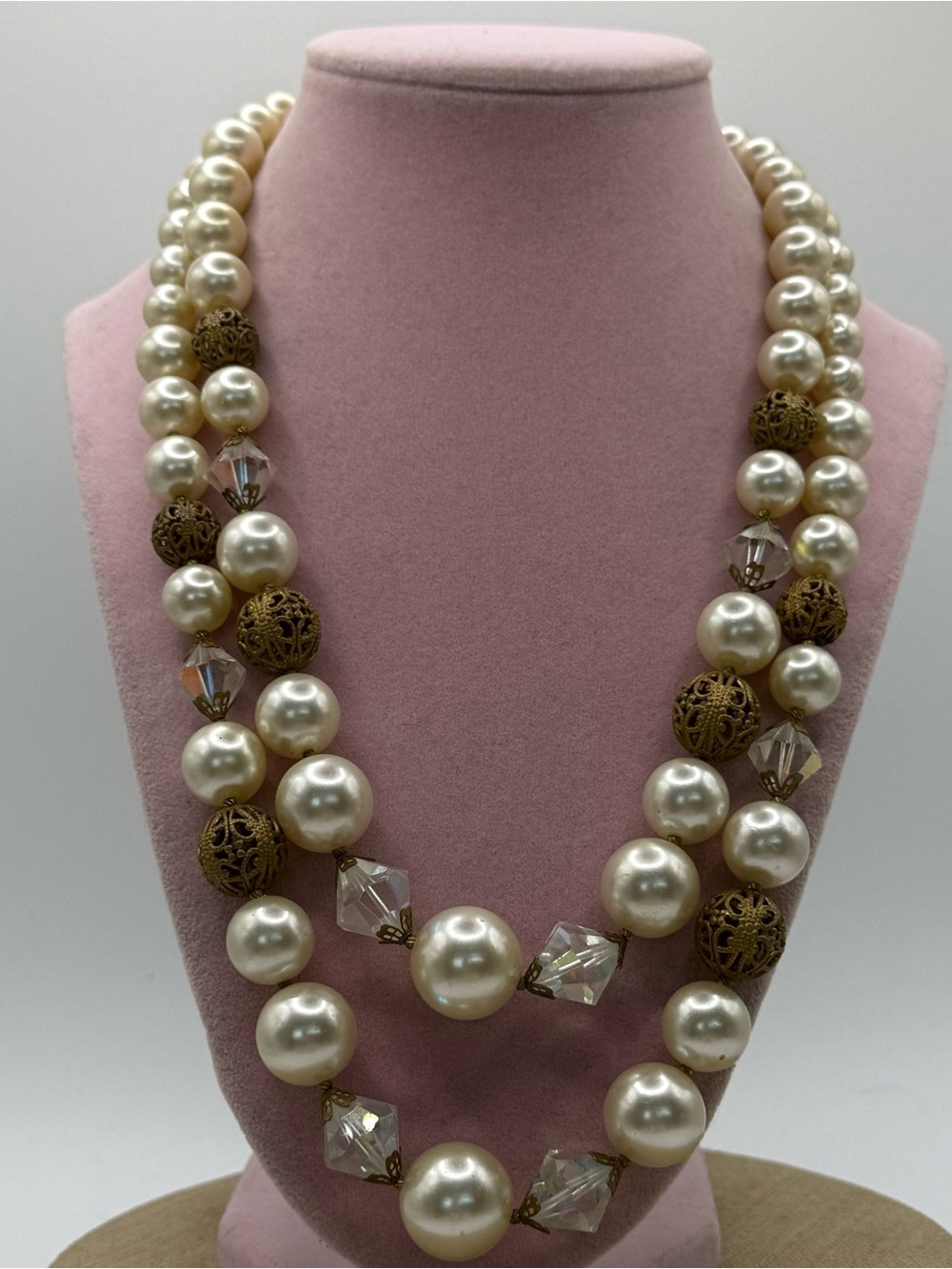 Elegant Ivory faux Pearl and Gold Filigree Necklace